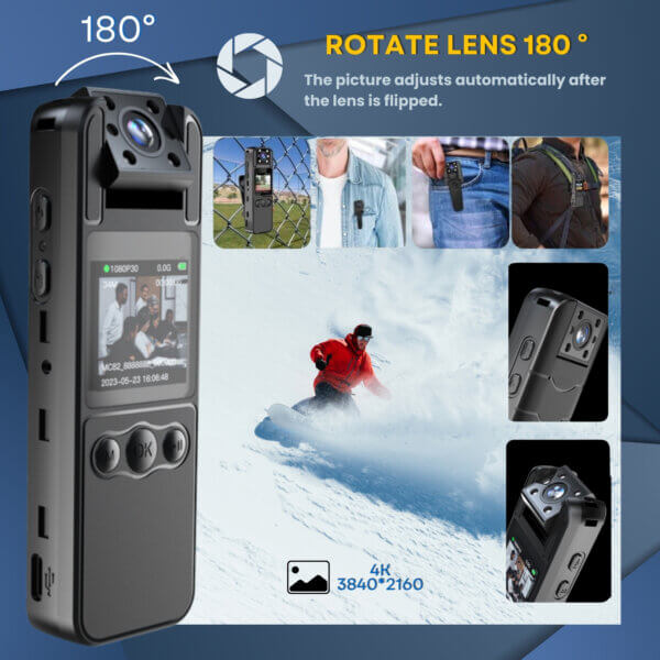 Body Camera Ultra HD with Audio and Video Recording 4K, Includes 128GB, WiFi Body Camera, Body Worn Camcorder, 6HR Battery, Night Vision, 180° Rotating Lens for Sports, Security and Civilians - Imagen 2