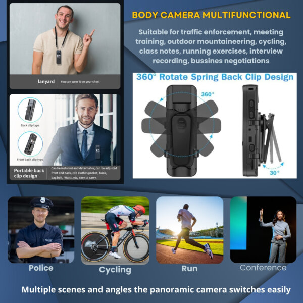 Body Camera Ultra HD with Audio and Video Recording 4K, Includes 128GB, WiFi Body Camera, Body Worn Camcorder, 6HR Battery, Night Vision, 180° Rotating Lens for Sports, Security and Civilians - Imagen 4