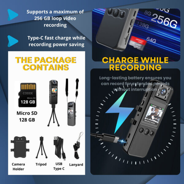 Body Camera HD with Audio and Video Recording 1080P, Includes 128GB, Body Worn Camcorder, 6HR Battery, Night Vision, 180° Rotating Lens for Sports, Security and Civilians - Copy - Imagen 4